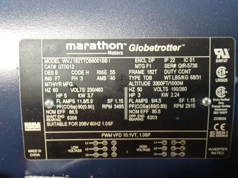 MARATHON MOTORS 5 HP MOTOR  -  182TTDB6001