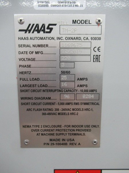 Haas TM-2P CNC Toolroom Mill, 40"x16"x16", 6K RPM, 10 Station ATC, Probing, Coolant System - Only 975 Spindle Hours!