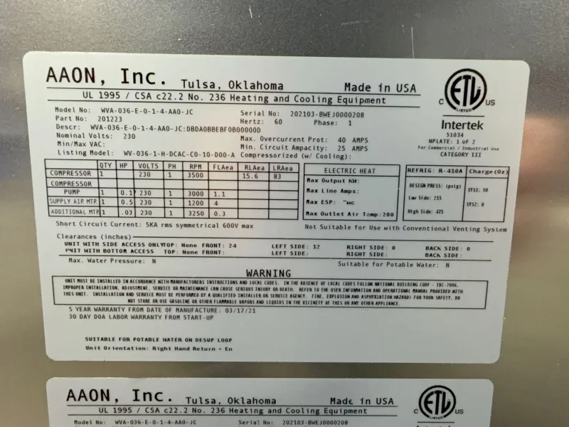 AAON DANDELION HEAT PUMP  -  WVA-036-E-0-1-4-AA0-JC