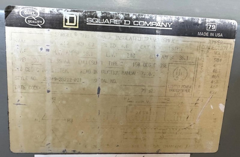 15 KVA Square D Transformer Cat. No. 15T6H, HV 480, LV 240, 3 Phase