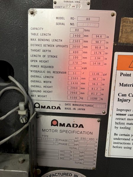 80 TON x 8&#039; AMADA MODEL #RG-80 HYDRAULIC PRESS BRAKE WITH HURCO BACK GAUGE: YOBRO #24533