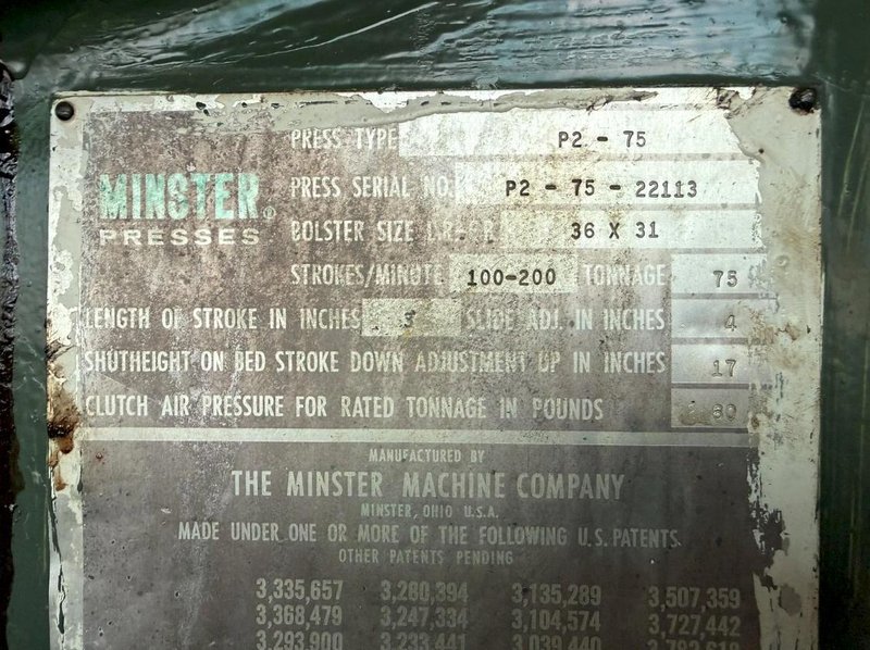 75 TON MINSTER P2-75-36 PIECE MAKER STRAIGHT SIDE HIGH SPEED PRESS. STOCK # 0980526