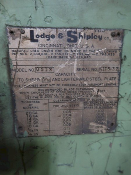 12&#039; X 3/8&quot; LODGE &amp; SHIPLEY MODEL 0612 MECHANICAL POWER SQUARING SHEAR: STOCK 11410
