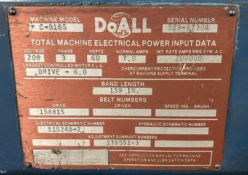 9" X 16" DOALL Swivel Head Horizontal Band Saw, Model C-916S