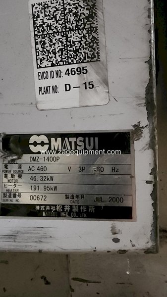 Matsui Used DMZ-1400 Material Dryer, 2,100 lbs/hr, Hopper Capacity 4,250 lbs., 460V, Yr. 2000