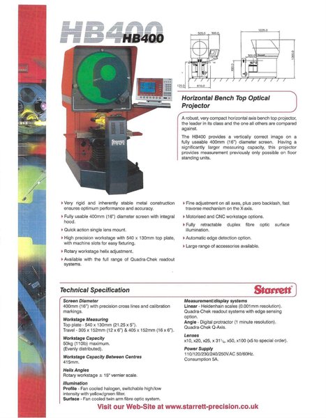16" STARRETT Model HB400 Bench Top Optical Comparator, S/N 50484.