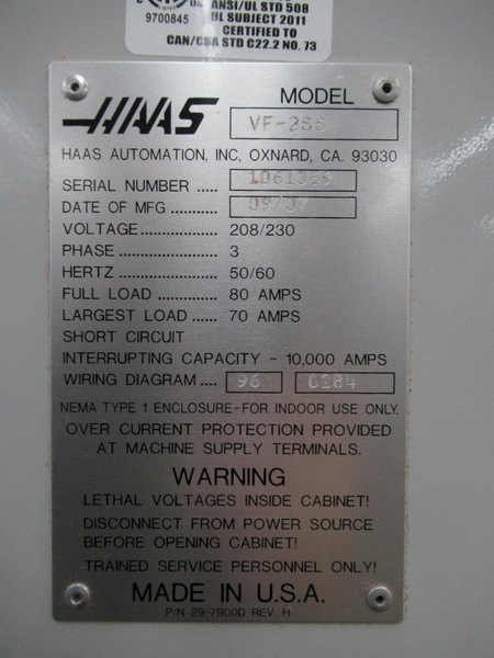 Haas VF-2SS CNC Vertical Machining Center, 12K Spindle, 24 Station ATC, Probing System, Coolant, Chip Auger
