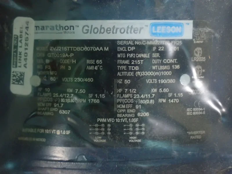 MARATHON MOTORS 7.5HP GENERAL PURPOSE MOTOR  -  ZVJ215TTDBD6070AA M