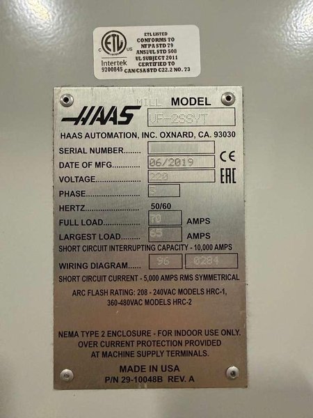 Haas VF-2SSYT CNC Vertical Machining Center – 2019 4th Axis Mill