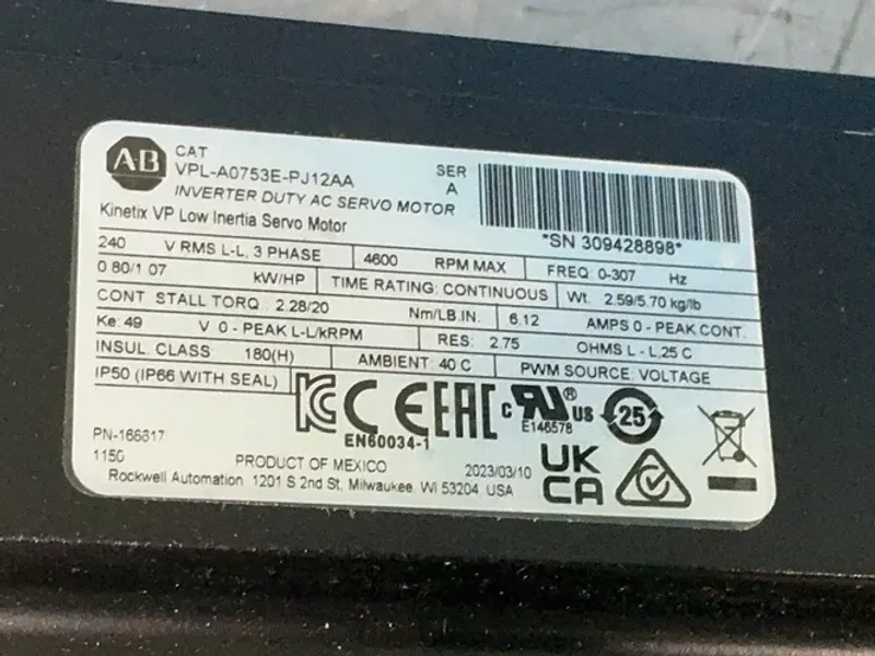 Allen-bradley 4000rpm 1.07hp Kinetix Vp Low Inertia Servo Motor - Vpl-a0753e-pj12aa