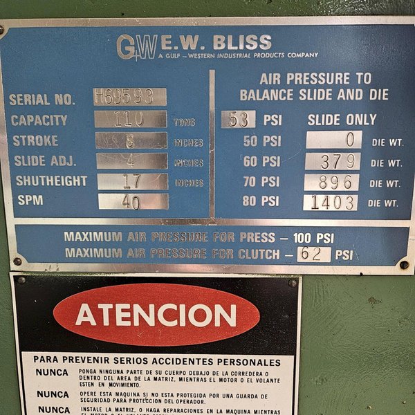 110 TON BLISS C-110 OBI PRESS W/ CWP SMX-24 SERVO FEEDER. STOCK # 1005125.