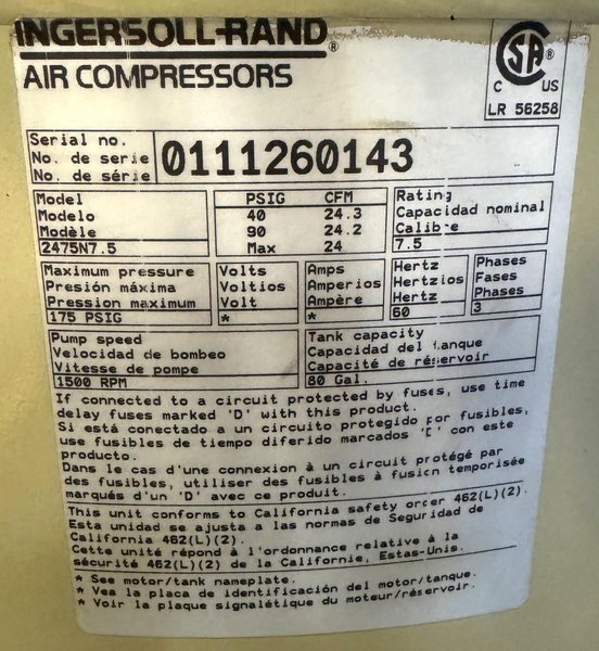 7-1/2 HP Ingersoll-Rand Air Compressor, 24 CFM, 175 PSI, 80 Gallon Vertical Tank
