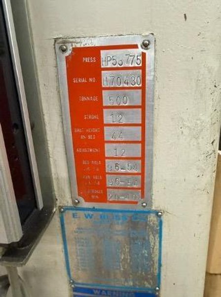500 Ton Bliss Model SE2-500-96"x 54" Straight Side Twin Gear Drive Straight Side Double Crank Press