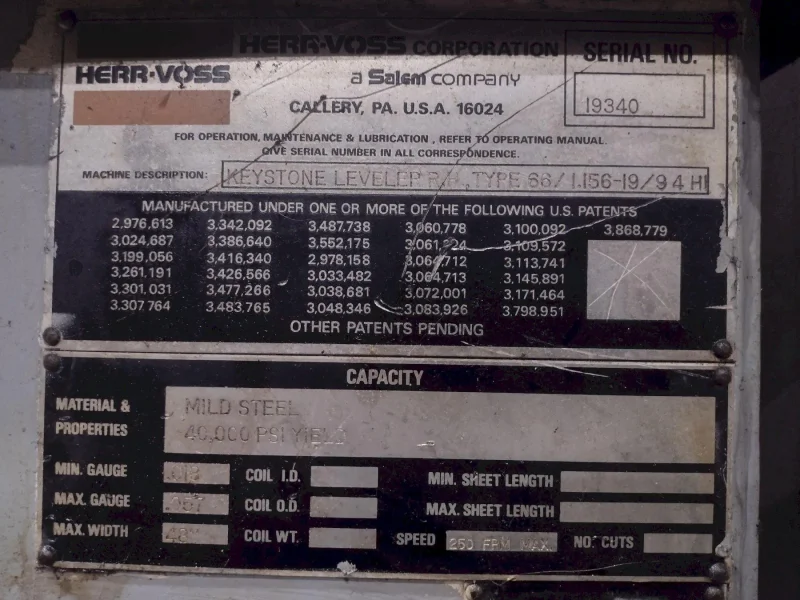 60" X .057" 19 ROLL HERR-VOSS 66/1.156-19/9 4-HI PRECISION LEVELER. STOCK # 14644
