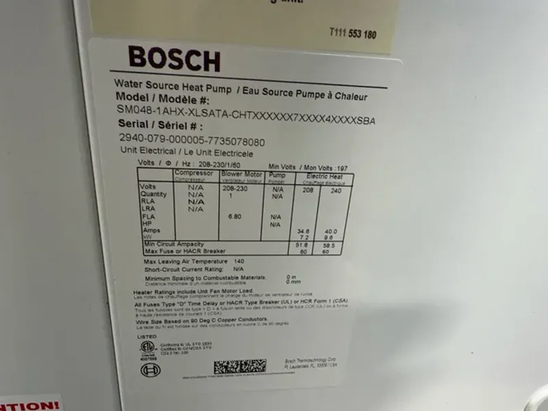BOSCH WATER SOURCE HEAT PUMP   -  SM060-1AHX-XLSATA-CHTX