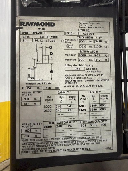 3000 LBS RAYMOND MODEL #540-OPC30TT ORDER PICKER FORKLIFT 2016 4,612 Hours : YOBRO #25406