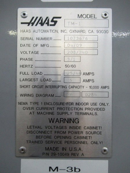 Haas TM-1 CNC Vertical Toolroom Mill, 30"X12"x16", 10 Station ATC, 4KRPM, Intuitive Programming