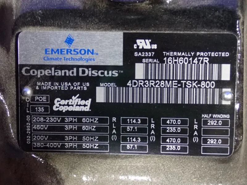 EMERSON RECIPROCATING COMPRESSOR  -  4DR3R28ME-TSK-800