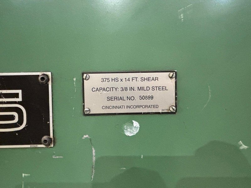 14&#039; X 3/8&quot; CINCINNATI 375 HS POWER SQUARING SHEAR WITH BACK GAUGE; FLOOR STANDING: YOBRO #24238