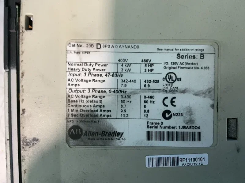 Allen-bradley 5 / 3 Hp Powerflex 700 Variable Frequency Drive - 208d8p0a0aynand0