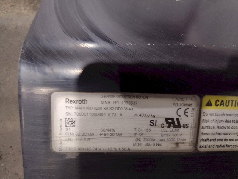 85 HP (62.8 kW) REXROTH 3 PHASE 600v INDUCTION MOTOR,  TYPE: MAD180D-0200-SA-S2-DP0-35-V1: YOBRO #25730