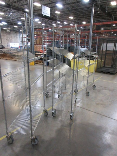 Uline Rolling Metal Wire Carts with Angled Shelves, (4) 36" x 18" x 78"- Auction Item