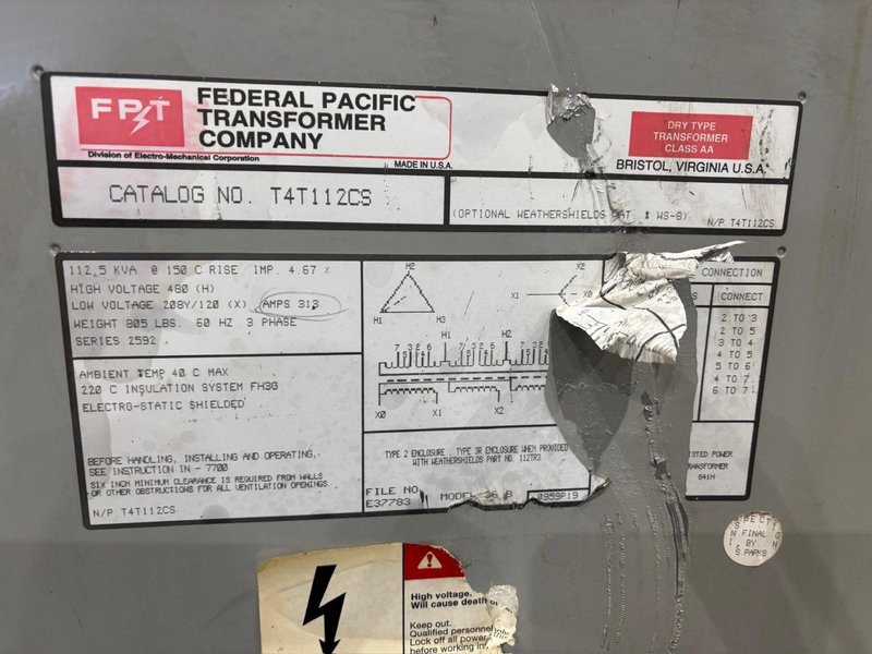 112.5 KVA FEDERAL PACIFIC 480 &lt;-&gt; 208Y/120 ELECTRICAL TRANSFORMER: YOBRO #24137