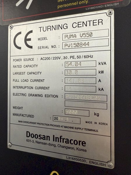 Used 2008 DOOSAN Puma V550 CNC Vertical Turret Lathe For Sale