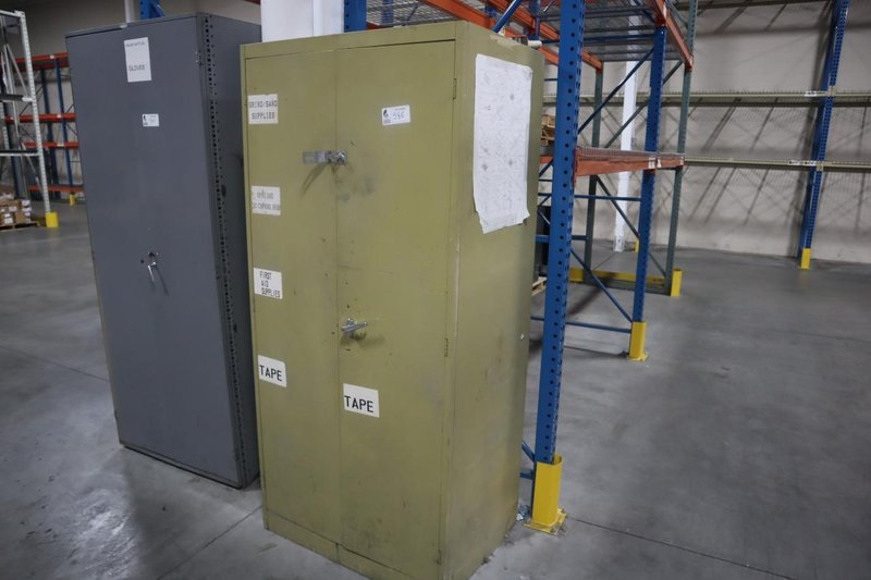 2 Door Metal Storage Cabinet with Contents of Zebra Printer Labels, Uline Labels, Ear Plugs and More- Auction Item