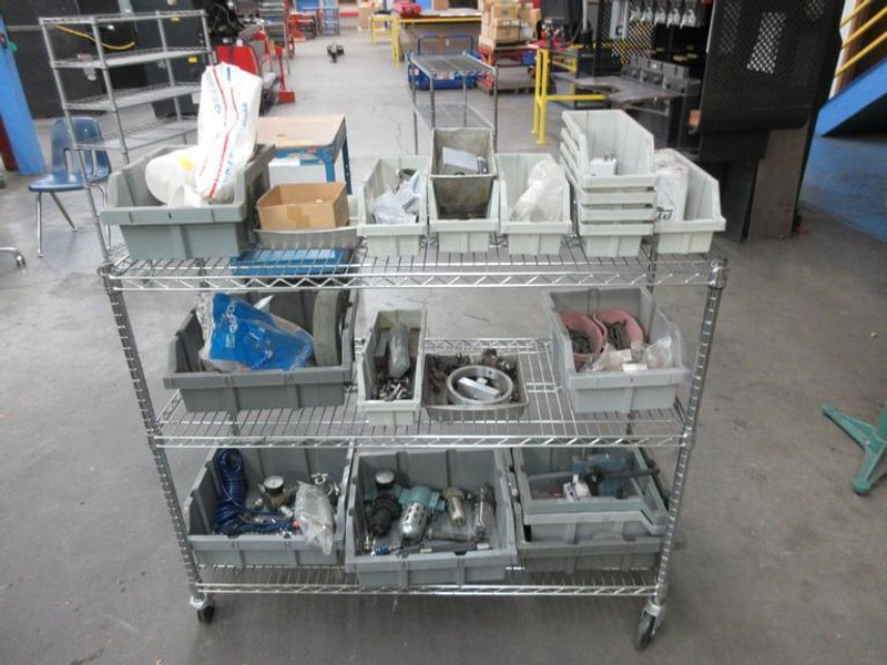 Rolling 3 Shelf Wire Racking with Contents, Plastic Bins, Miscellaneous Fittings and Hardware- Auction Item