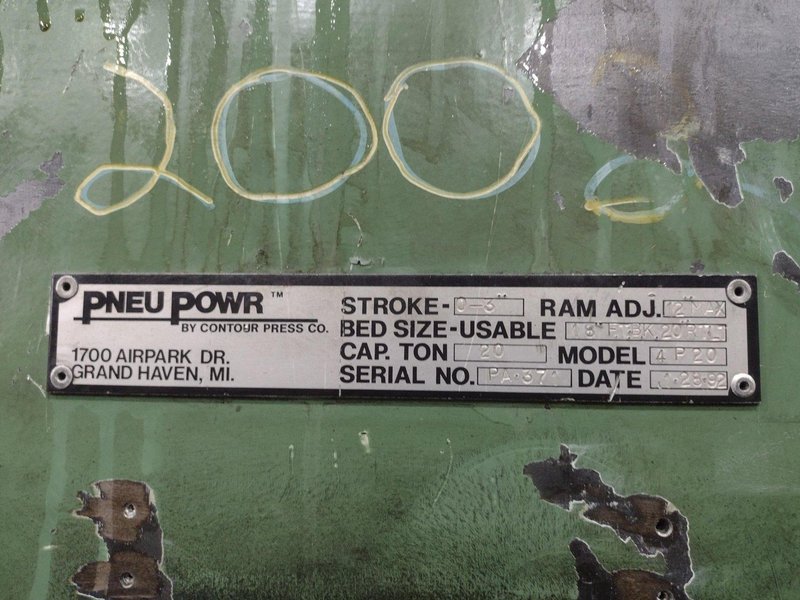 20 TON PNEUPOWR AIRAM MODEL #4P20 PNEUMATIC PRESS 3” STROKE: YOBRO #24858