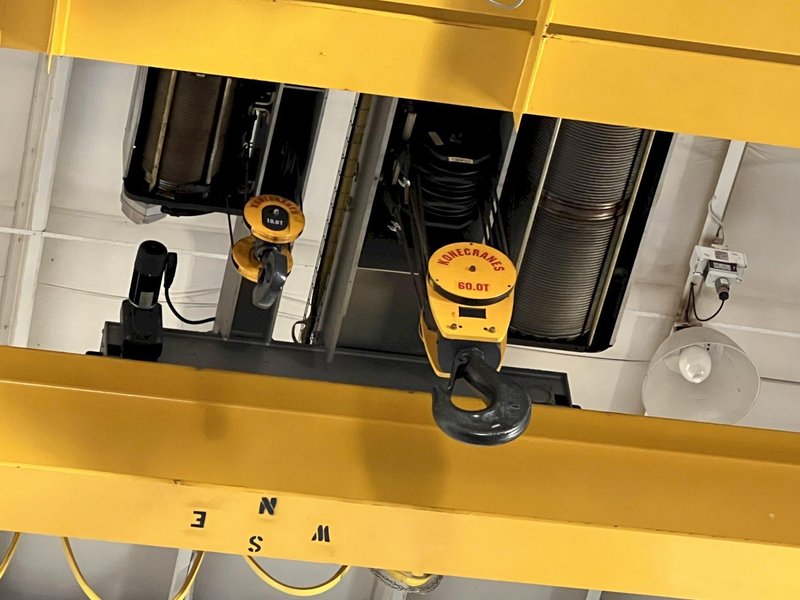 60 TON (10T AUX) x 36' KONE 8-WHEEL DOUBLE GIRDER OVERHEAD BRIDGE CRANE: STOCK #18376