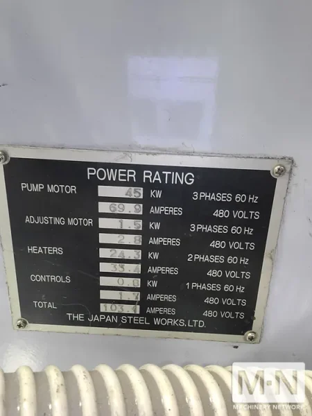 385 TON 30 OZ JSW MODEL J385EII INJECTION MOLDING MACHINE MFG 2000