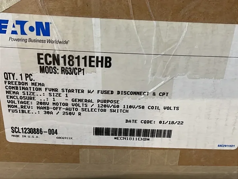 EATON FREEDOM NEMA COMBINATION FVNR STARTER WITH FUSED DISCONNECT &amp; CPT  -  ECN1811EHB