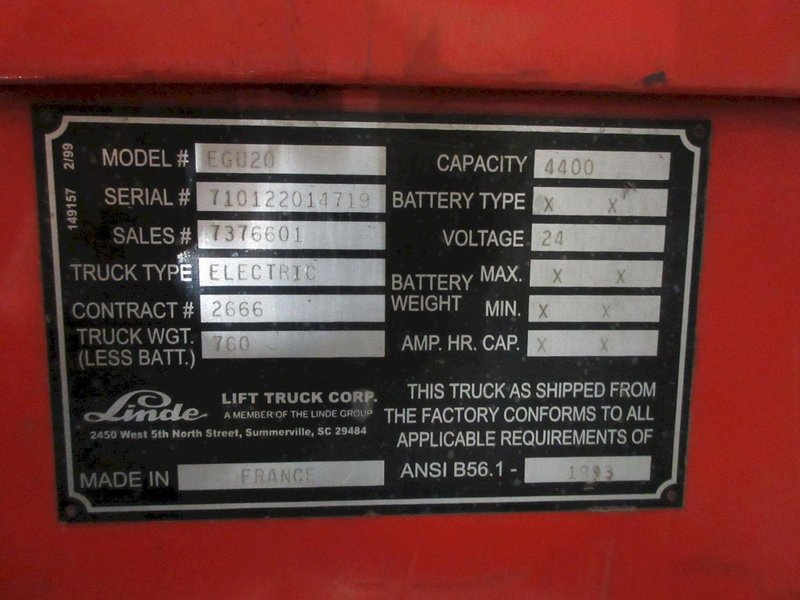 Linde Model EGU 20 Electric Pallet Jack, 4400 LB Capacity, 46&quot; Fork Length- Auction Item