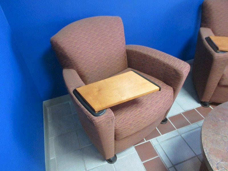 Lobby Cushioned Chairs with Folding Work Shelf (2pcs) and Round Side Table- Auction Item