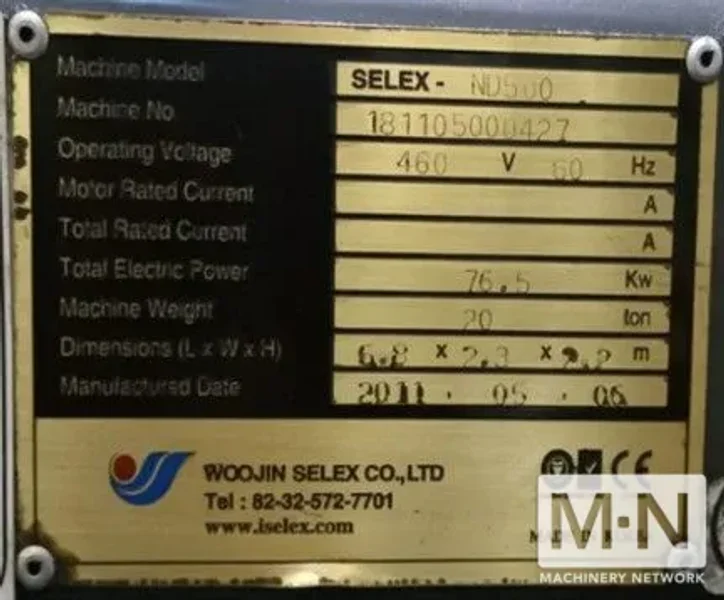 500 TON 51 OZ WOOJIN SELEX MODEL ND500 INJECTION MOLDING MACHINE MFG 2011 (2 AVAILABLE )