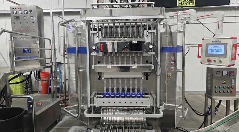 Samfull SF-720-8 8 Lane Liquid Stick Pack Machine with Counter, Cartoner, 1000L Homogenizing Mixer and Transfer Pump, 2024 – Complete Liquid Stick Pack Processing and Packaging Line