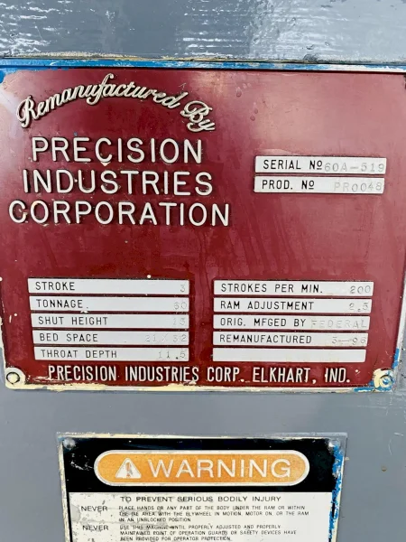 60 TON FEDERAL / PRECISION INDUSTRIES OBI PRESS, 3" STROKE: STOCK #4358