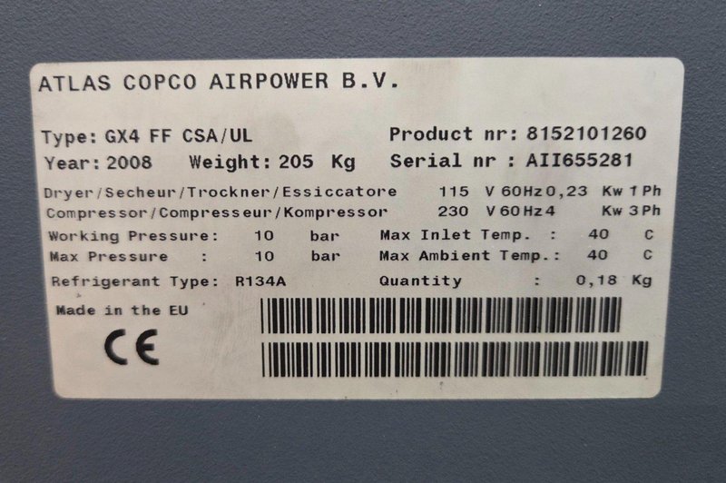 ATLAS COPCO GX4FF 5HP Rotary Compressor w/ Refrigerated Air Dryer USED