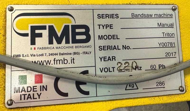 8" x 11" FMB Triton G Horizontal Band Saw, Miter, 9" Rounds, 1" Blade, 1.5 HP, 2017