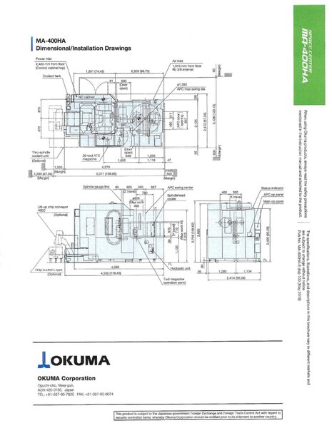 OKUMA "Space Center" Model MA-400HA CNC Horizontal Machining Center, New 2003.