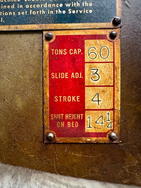 60 TON BLISS MODEL #C-60 OBI PUNCH PRESS 4" STROKE : YOBRO #26142