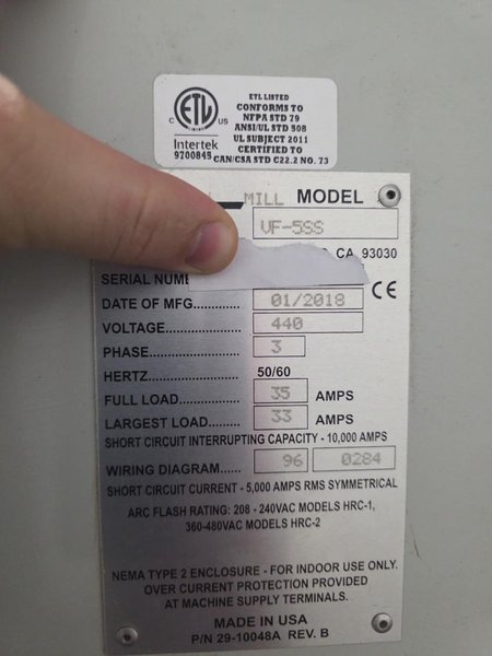 Haas VF-5SS VMC, 2018 – Probe, TSC, 12K RPM Spindle