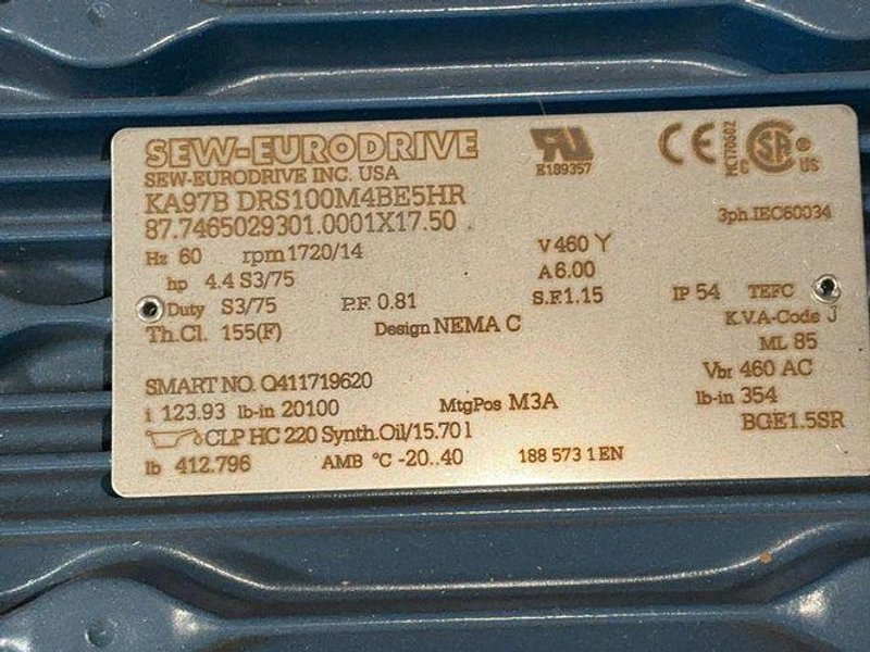 Sew-eurodrive 4.4 Hp Gear Drive - Ka97b Drs100m4be5hr