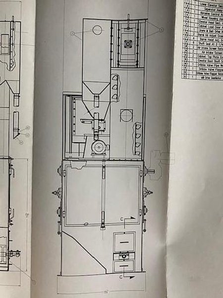 2012 DeLong 7 super rubber belt tumblast machine rated at 7 cu ft capacity, 20hp direct drive shot wheel, very good condition