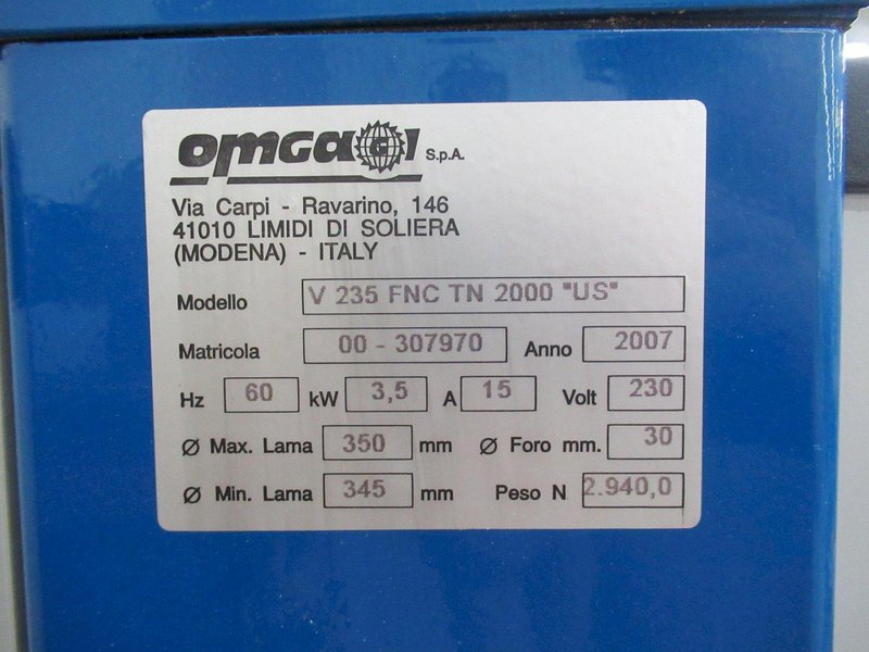 OMGA V235FNC Double Mitre Circular Saw, 90 Degree Fixed, FP2000 Programmable Work Stop, 350mm Blade