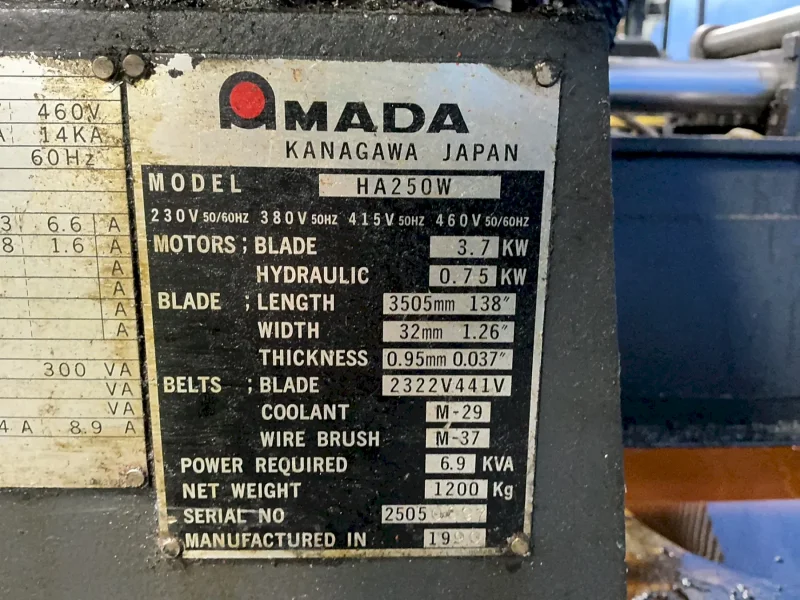 AMADA 10”X18” HORIZONTAL BAND SAW  -  HA250W
