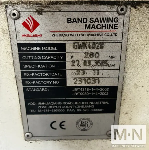 Weilishi GWK4028 Horizontal Band Saw, 2023