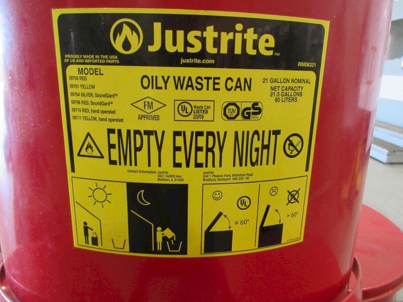 Justrite 21 Gallon Oily Waste Cans (5 Total) with Foot Operated Lid Open- Auction Item